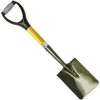 Roughneck Square Point Micro Shovel with yellow handle, black D-grip, and metallic square blade.