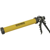 Yellow Roughneck Trade Mortar Gun with black handle and trigger, gray caps on both ends.