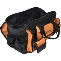 Black and orange Roughneck wide mouth tool bag with multiple pockets and heavy-duty handles.