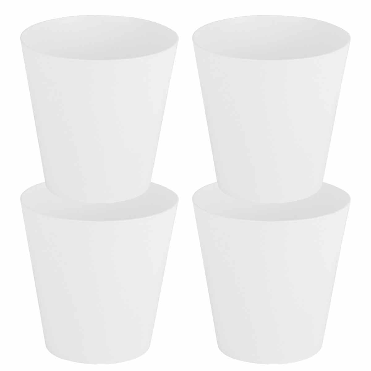 Set of four 18cm round white planters made from durable plastic, featuring a sleek, modern design with a tapered shape and smooth finish.