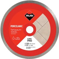 Red and silver Rubi CPC Pro diamond cutting disc for porcelain tiles with logo and specifications.