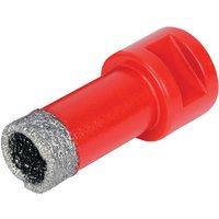 Red Rubi dry cut diamond tile drill bit for angle grinders with a textured silver cutting edge.