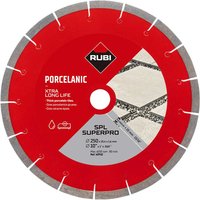 Red and silver Rubi SPL Superpro segmented diamond blade for porcelain tiles with central hole and labeled details.