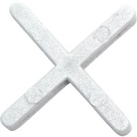 White plastic tile spacer in cross shape, 1/8 inch (3mm) size, textured surface, by RUBI TILING TOOLS.