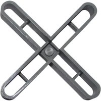 Gray plastic tile spacer in an X shape with hollow rectangular arms, 3/16 inch (5mm) size, by RUBI TILING TOOLS.