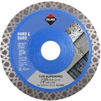 Blue and silver Rubi Tiling Tools diamond blade with segmented rim, labeled for heavy-duty jobs, 125mm diameter.