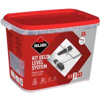 Rubi V4 2mm Delta Tile Level System Kit in a red and clear plastic container with tile leveling clips and wedges.