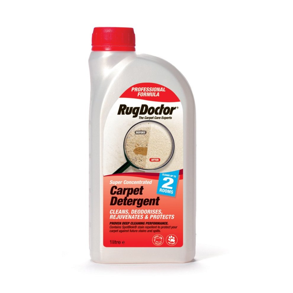 Rug Doctor Carpet Detergent in a 1-litre plastic bottle, featuring a white body, red label, and a clear window showing a carpet stain, emphasizing its cleaning power.