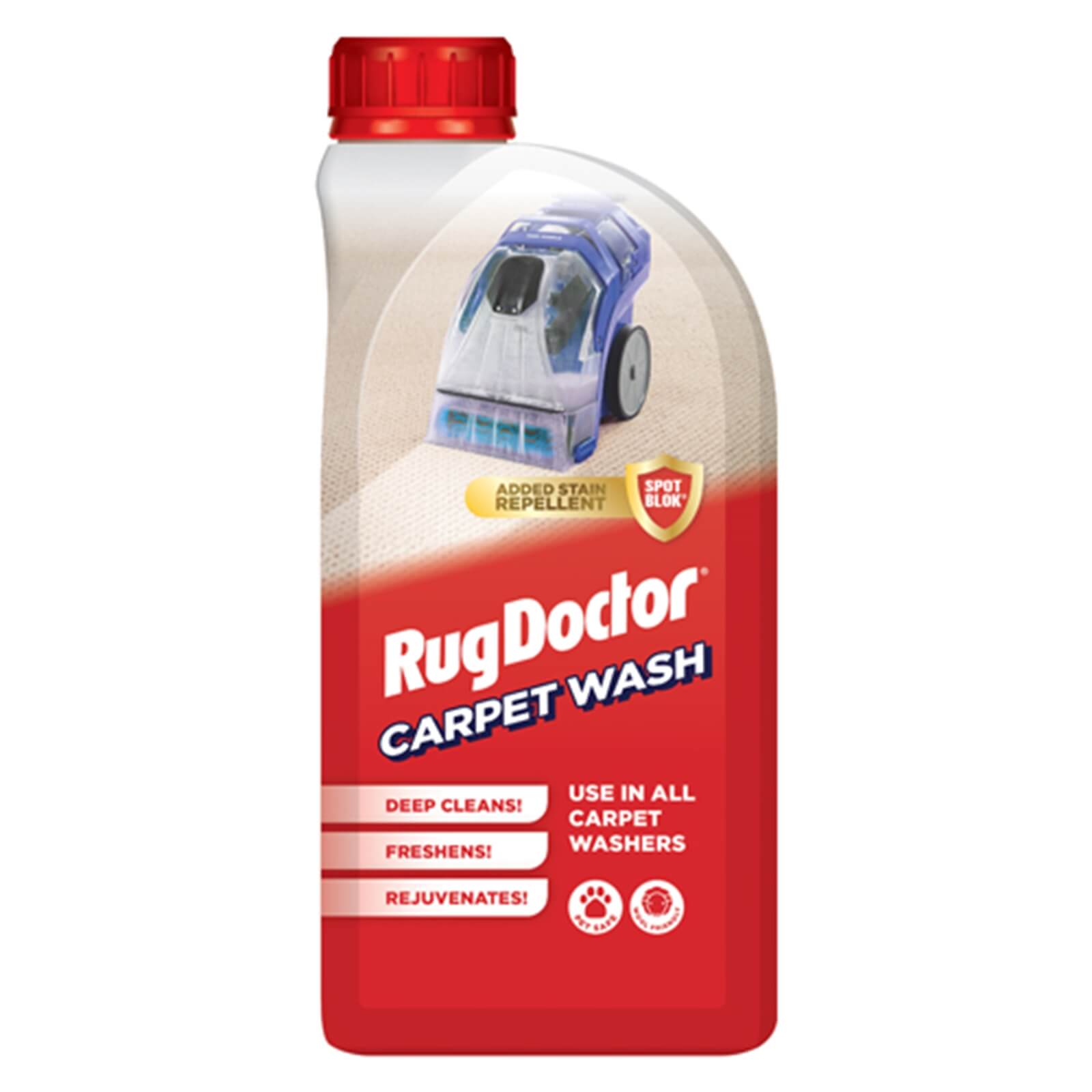 Rug Doctor Carpet Wash in a 1L bottle, featuring a red and white label with blue graphics, designed for deep cleaning and stain repellent for all carpet washers.