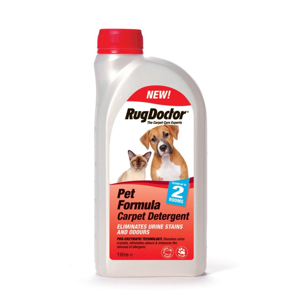 Rug Doctor Pet Formula Detergent in a 1-litre bottle, featuring a red and white label with images of a dog and cat, designed to eliminate pet stains and odors.