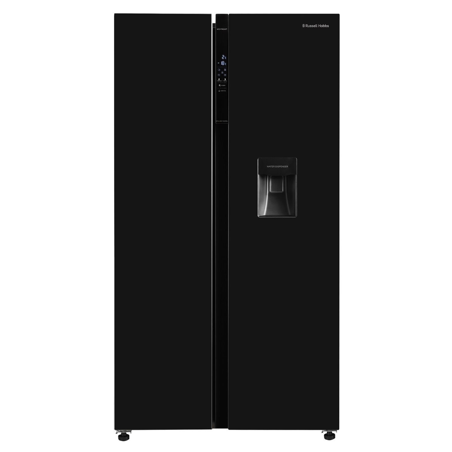 Black side-by-side American fridge freezer with a sleek finish, featuring a water dispenser, digital control panel, and spacious 439-litre capacity.