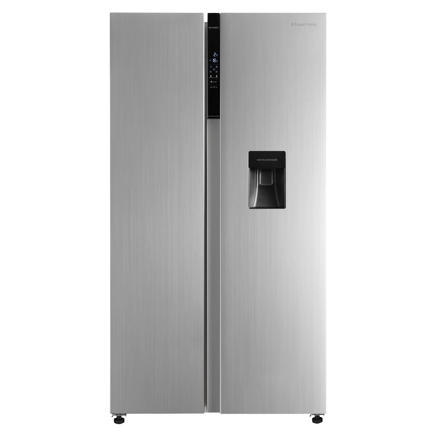 Stainless steel side-by-side American fridge freezer with a sleek design, digital control panel, water dispenser, and spacious 439-litre capacity.