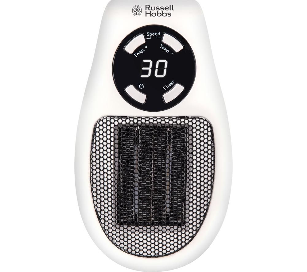 White Russell Hobbs electric heater with a sleek design, featuring a digital display, two fan speeds, and a textured mesh front for efficient heat distribution.