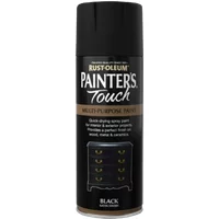 Rust-Oleum white gloss spray paint can with black cap and label, featuring multi-purpose use for various surfaces.