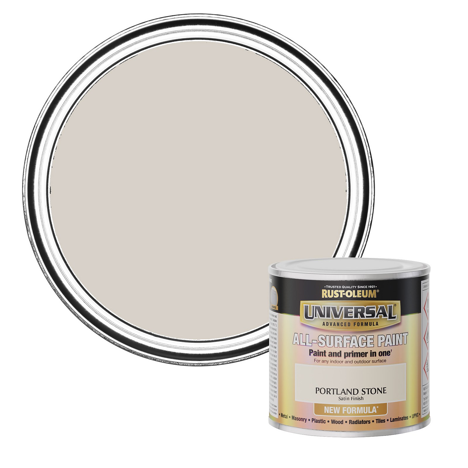 Satin paint in a 250ml can labeled "Rust-Oleum Universal" in Portland Stone color, featuring a smooth, light beige shade and a glossy silver lid.