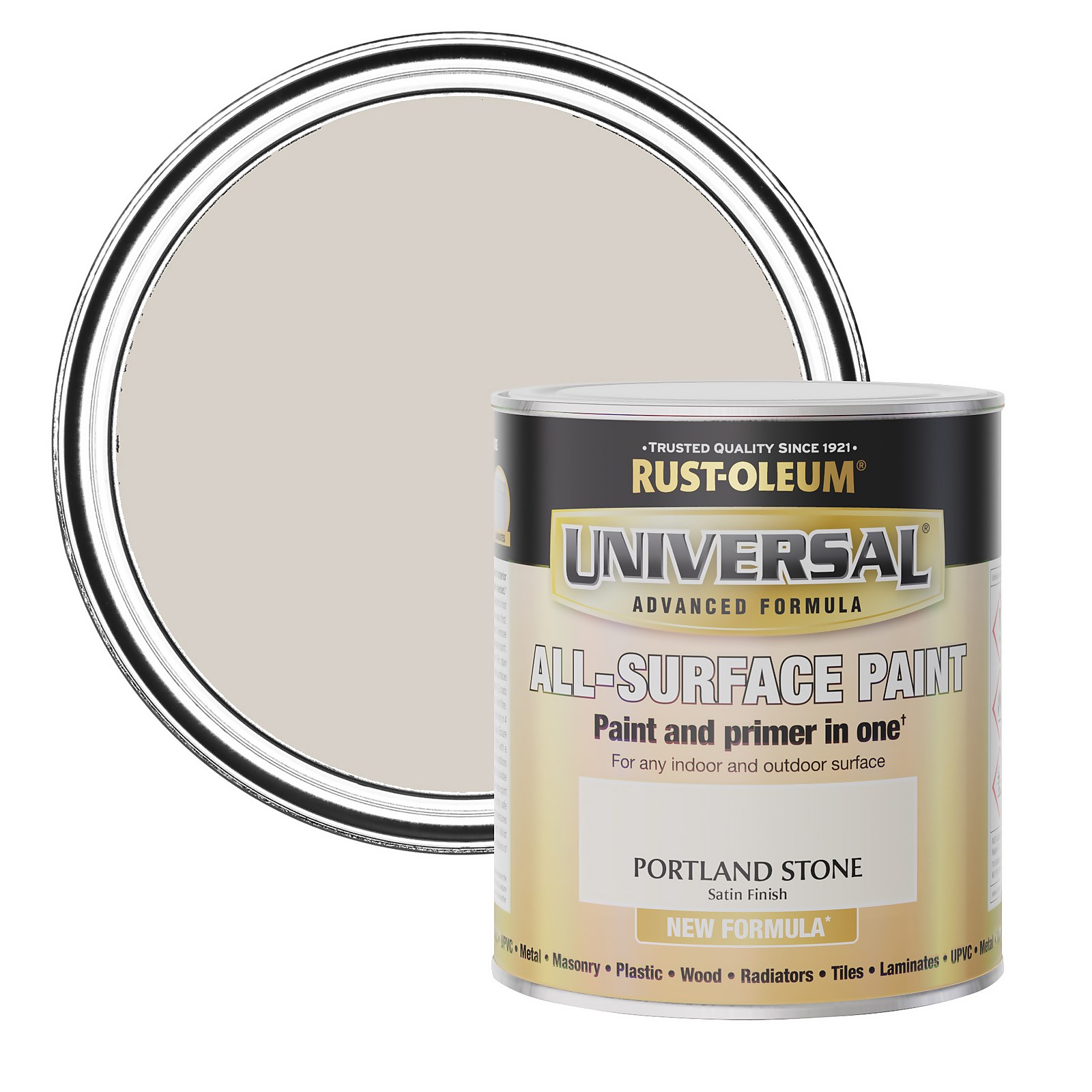 Rust-Oleum Universal Portland Stone Satin All-Surface Brush Paint in a 750ml can, featuring a light beige color with a satin finish, labeled for indoor and outdoor use.