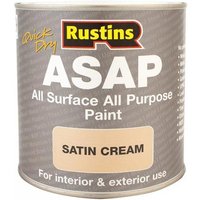 Rustins ASAP cream paint 250ml tin, satin finish, labeled for all surfaces, quick dry, interior and exterior use.