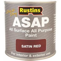 Rustins ASAP satin red paint 250ml can, labeled "Quick Dry" and "All Surface All Purpose" for interior and exterior use.