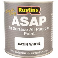 Rustins ASAP white paint can, 500ml, labeled "Satin White," for interior and exterior use, quick-dry formula.