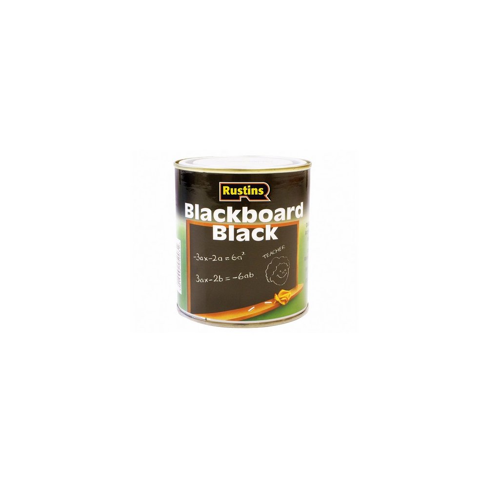 Rustins BLAB500 Quick Drying Blackboard Black Paint in a 500ml tin, featuring a black label with yellow and white text, and a green background with chalkboard math equations.