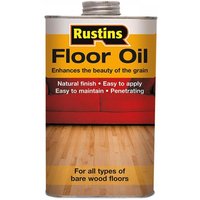Rustins Floor Oil 5 Litre can with yellow label, red couch image, and wooden floor graphic.
