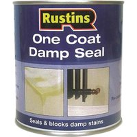Rustins One Coat Damp Seal tin with blue label, yellow and red logo, and images of sealed surfaces.