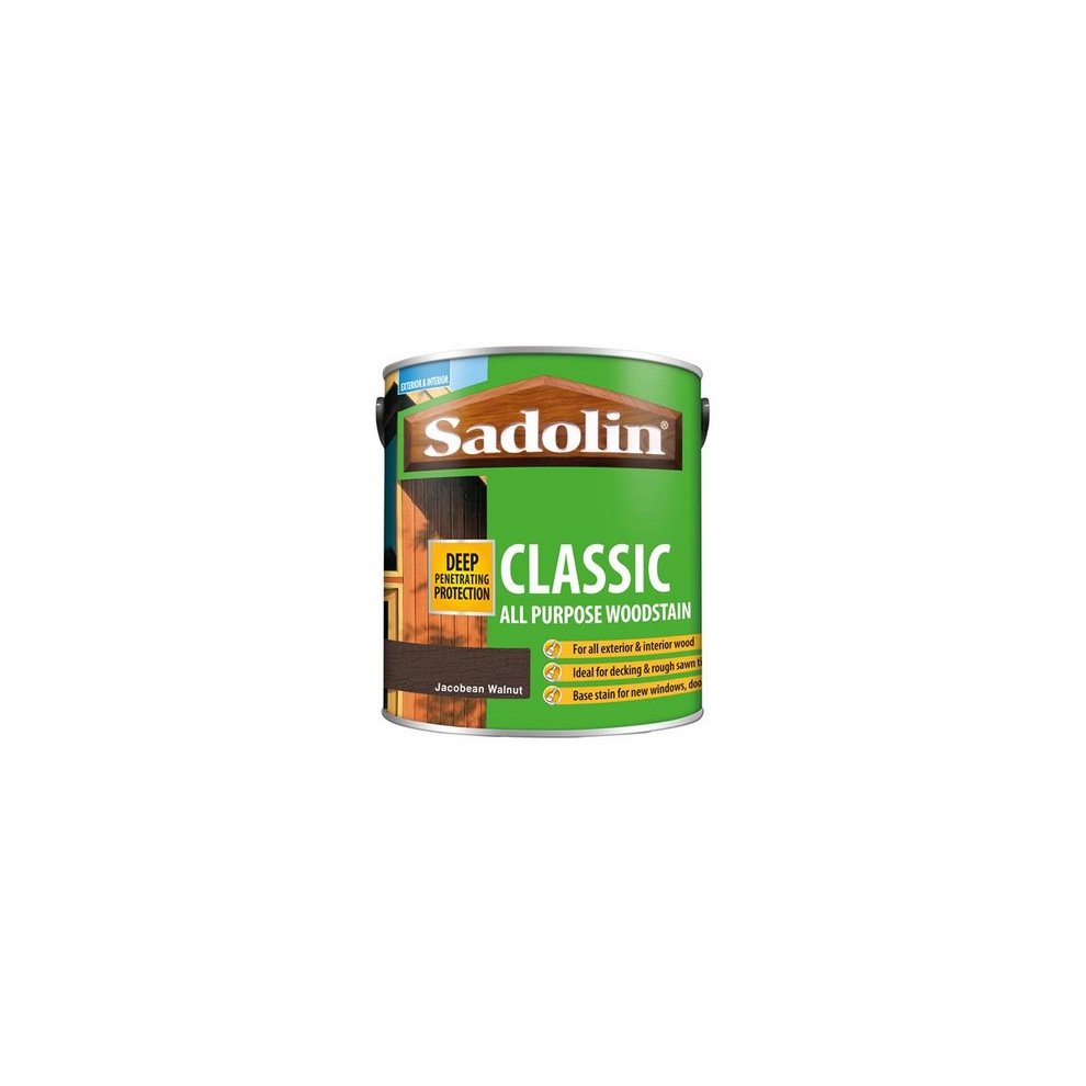 Green tin of Sadolin Classic wood protection, 2.5L, featuring a label with "Jacobean Walnut" and "Deep Protection" highlighted, designed for all-purpose wood staining.