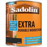 Sadolin Extra Durable Woodstain can, orange label, ebony color, 1 litre, for wood protection and enhancement.
