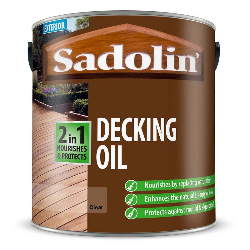 Sadolin Decking Oil in a 2.5L brown can, labeled "2 in 1" for nourishing and protecting, features a light oak color and highlights its use for exterior decking.