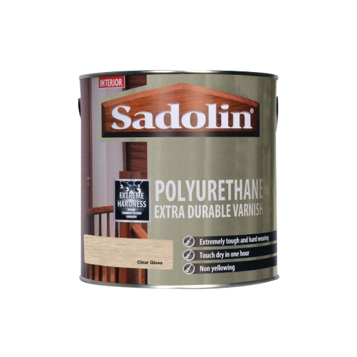 Sadolin Polyurethane Varnish in a 2.5L metal can, featuring a glossy clear finish, labeled as extremely tough and non-yellowing, suitable for interior use.