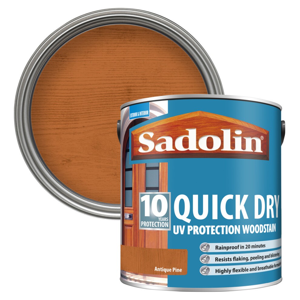 Antique Pine Sadolin 10 Year Quick Dry Woodstain in a 2.5L metal can, featuring a vibrant blue label with white text, showcasing wood grain on the lid.