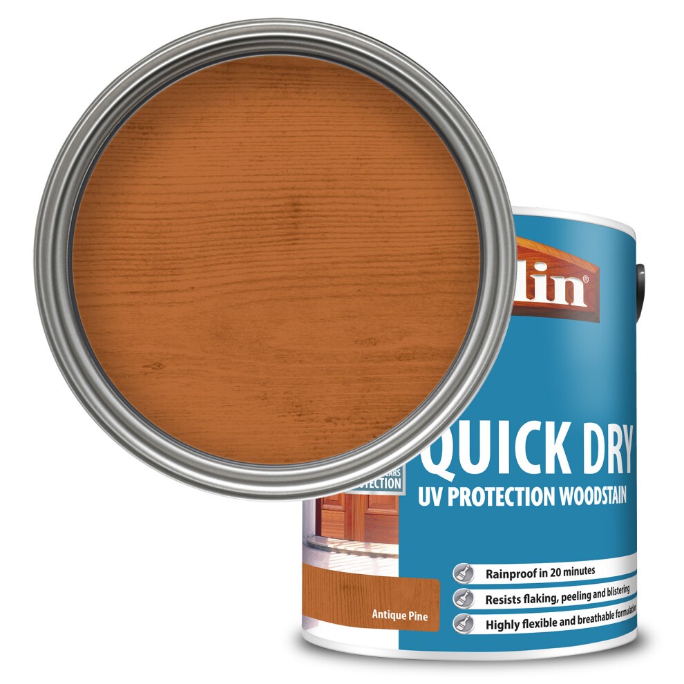 Antique Pine woodstain in a 5L can, featuring a metallic silver lid and a vibrant orange-brown color, labeled "Quick Dry" with UV protection details.