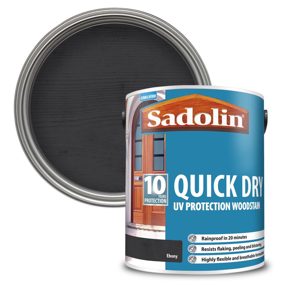 Ebony Sadolin 10 Year Quick Dry Woodstain in a 5L metal can, featuring a black color, labeled with product details and a circular lid showing a matching dark shade.