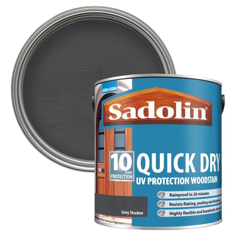 Grey Shadow Sadolin 10 Year Quick Dry Woodstain in a 2.5L tin, featuring a blue label, showcasing 10 years of protection, with a lid revealing the dark grey stain inside.