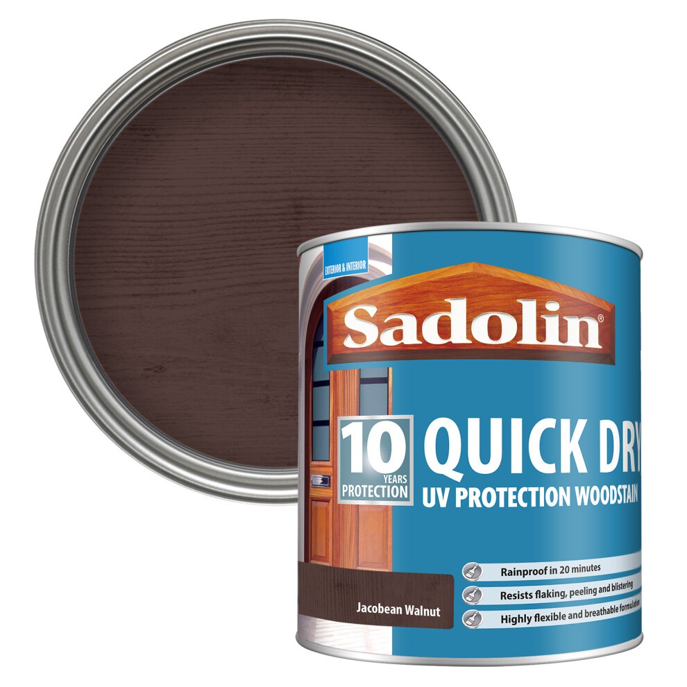 Sadolin 10 Year Quick Dry Woodstain in Jacobean Walnut, 1L metal can with a dark brown color, featuring UV protection and a label highlighting quick drying and durability.