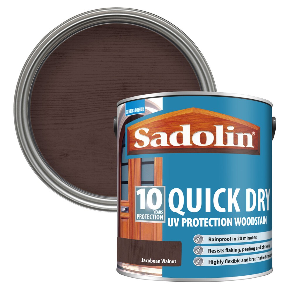 Sadolin 10 Year Quick Dry Woodstain in Jacobean Walnut, 2.5L can with a blue label, showcasing a dark brown stain and a lid revealing the product's color.
