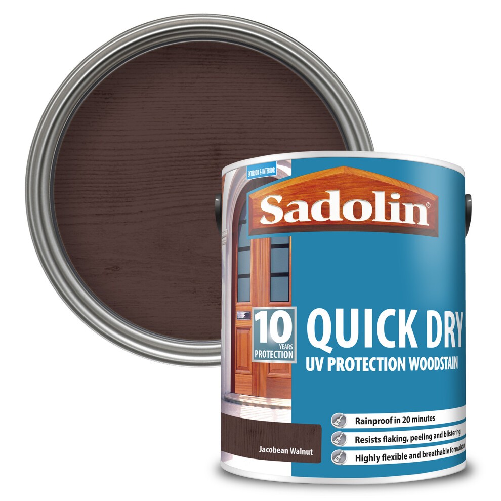 SADOLIN Quick Dry Woodstain in Jacobean Walnut, 5L can, featuring a dark brown color, labeled for 10 years of UV protection and quick drying, with a circular color swatch above.