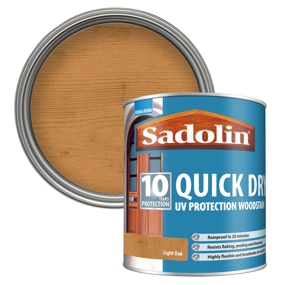 Light Oak Sadolin 10 Year Quick Dry Woodstain in a 1L metal can, featuring a clear lid showing the woodstain color, labeled with UV protection and quick drying properties.
