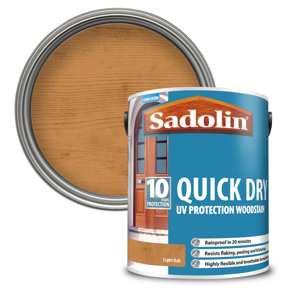 Light Oak Sadolin 10 Year Quick Dry Woodstain in a 5L tin, featuring a glossy finish, UV protection, and a color swatch of the woodstain on the lid.