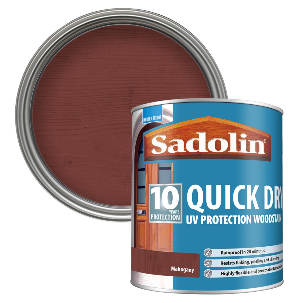 Mahogany-colored Sadolin 10 Year Quick Dry Woodstain in a 1L metal can, featuring a round lid and labels highlighting UV protection and quick drying properties.