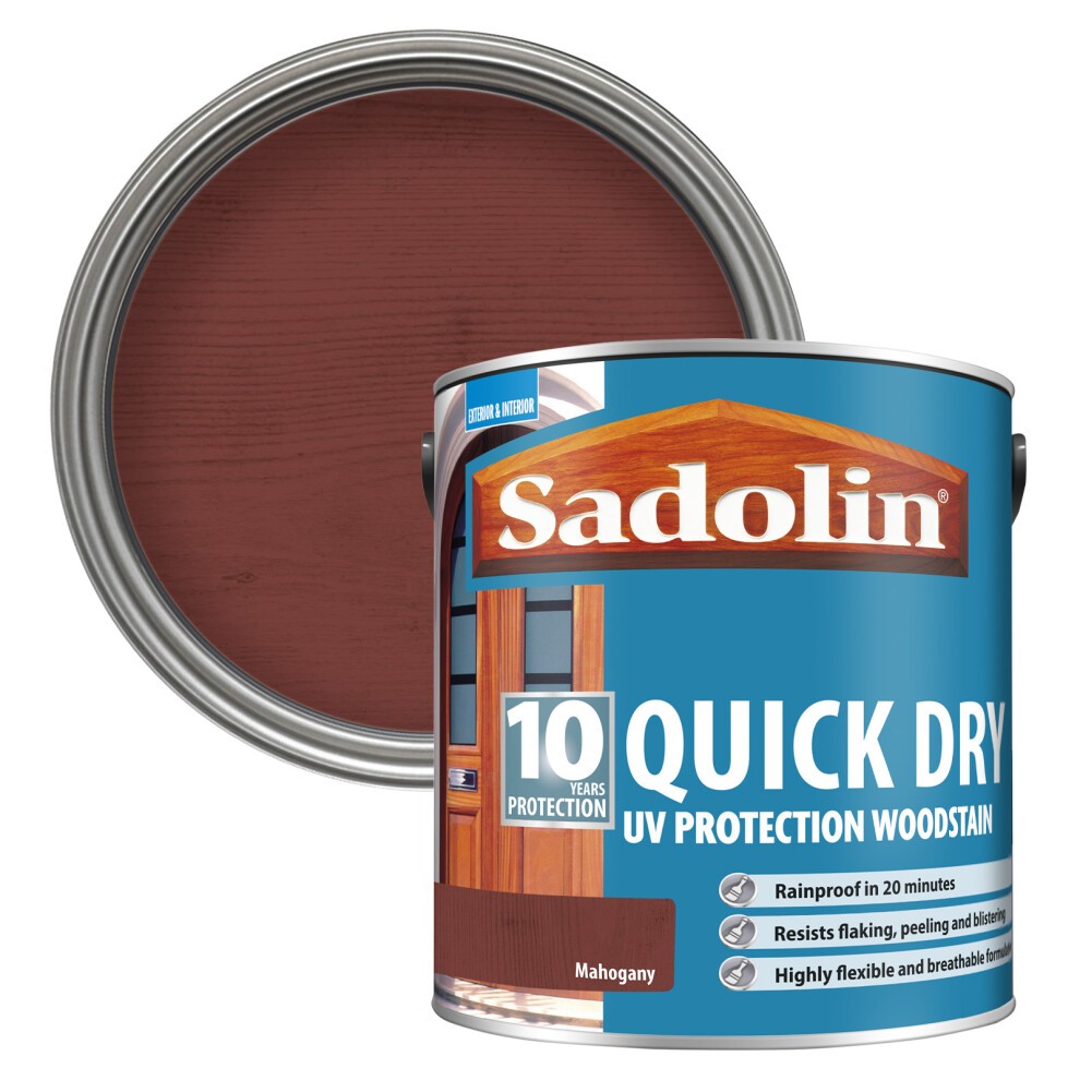 Mahogany-colored Sadolin 10 Year Quick Dry Woodstain in a 2.5L can, featuring a blue label with white text, highlighting UV protection and quick drying properties.