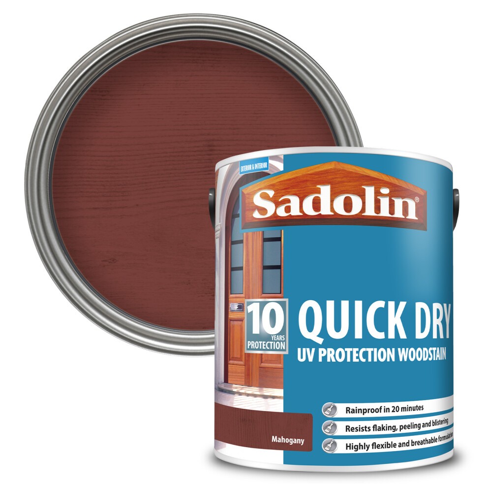 Mahogany-colored Sadolin 10 Year Quick Dry Woodstain in a 5L tin, featuring a round lid and highlighting UV protection, rainproof in 20 minutes, with a focus on durability.
