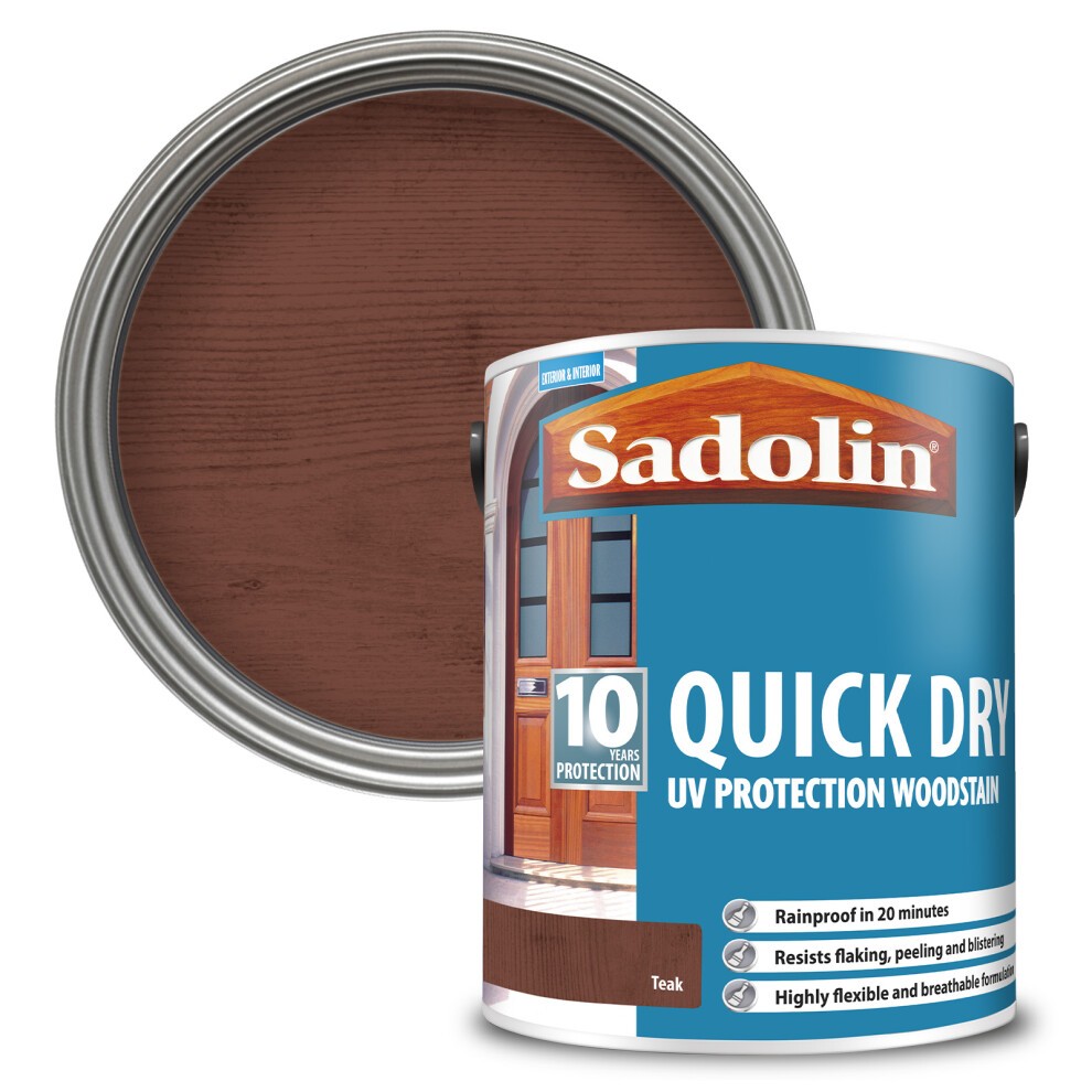 Teak-colored Sadolin 10 Year Quick Dry Woodstain in a 5L tin, featuring a silver lid and a circular swatch showing the woodstain's rich, deep hue.