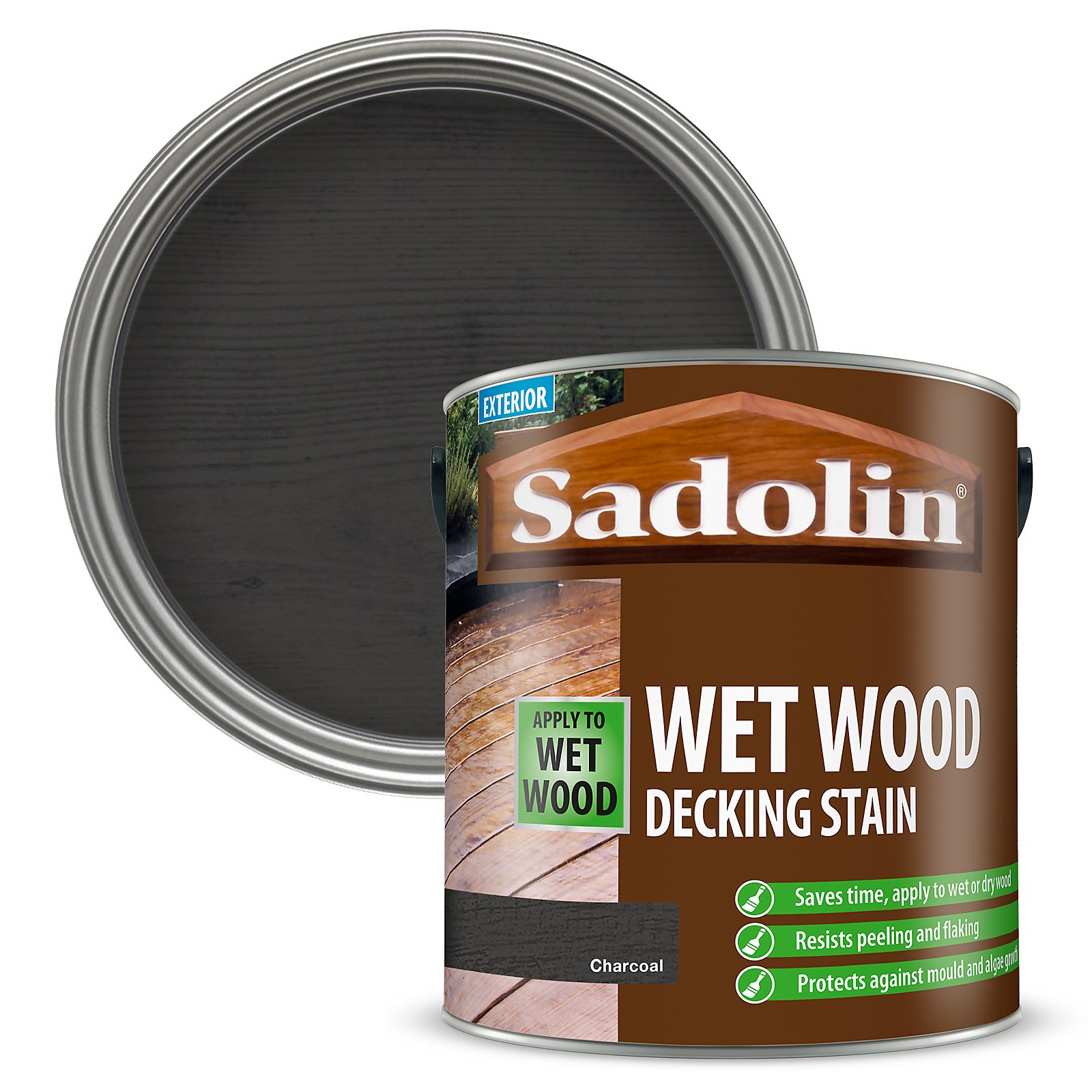 Sadolin Wet Wood Decking Stain in a 2.5 L can, featuring a charcoal color, designed for application on wet wood, with a label highlighting its protective qualities against mold and peeling.