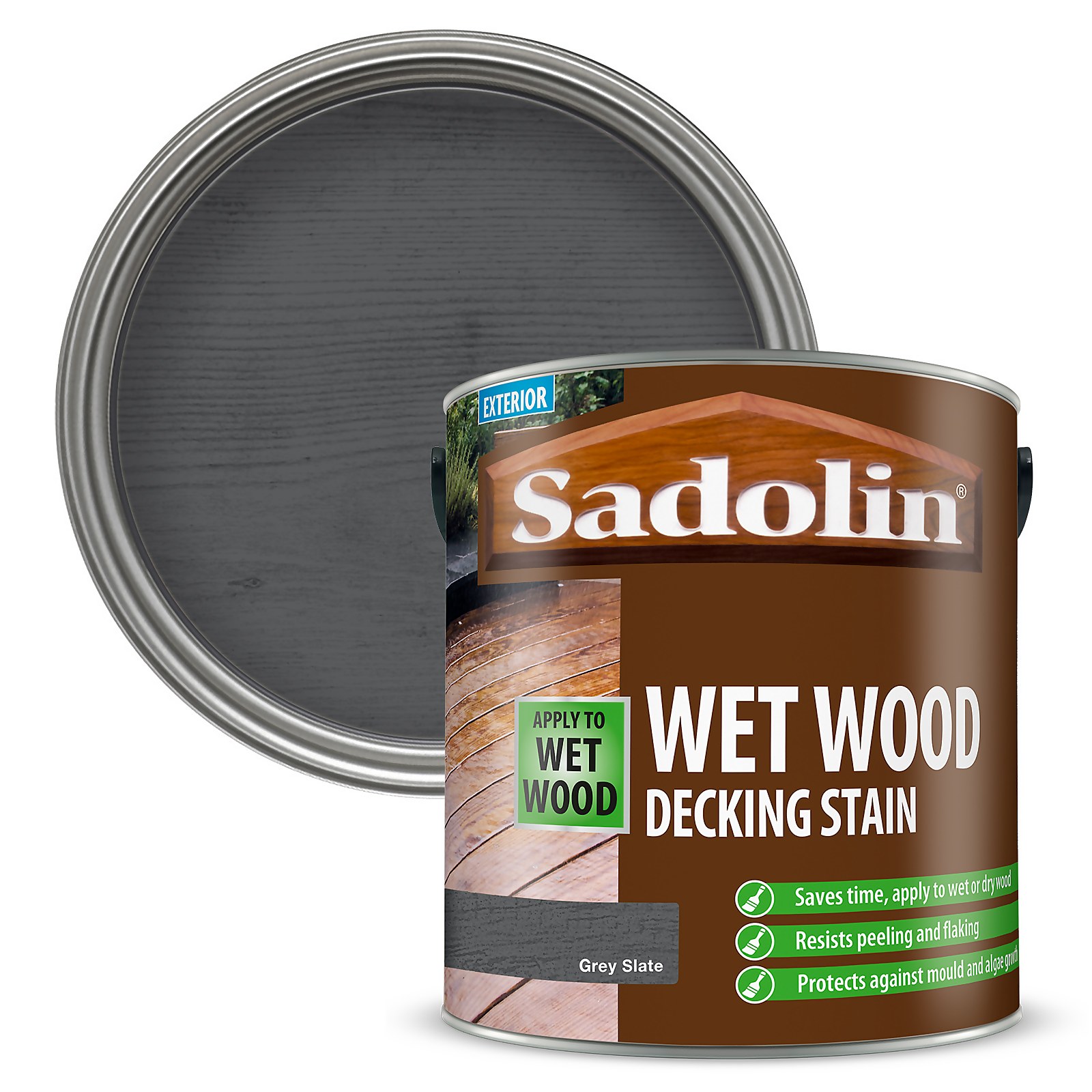 Grey Slate Wet Wood Decking Stain in a 2.5 L metal can, featuring a brown label with white text, showcasing its resistance to peeling and protection against mold.