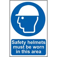 Safety Helmets Sign 400 x 600mm, blue circle with helmet icon, text "Safety helmets must be worn in this area"