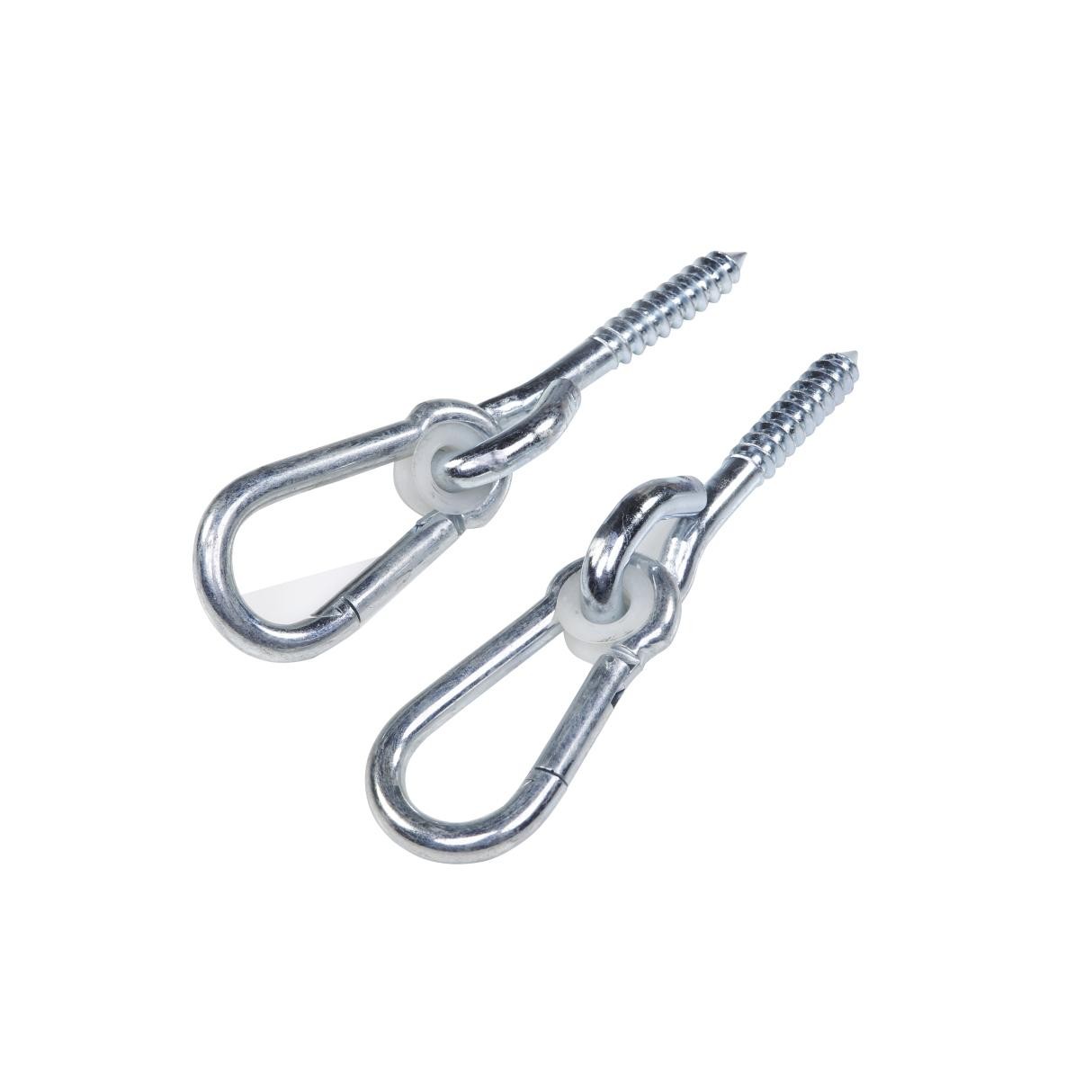Two silver safety swivel hooks with a shiny metallic finish, featuring a screw end for secure attachment and a white plastic spacer for smooth rotation.