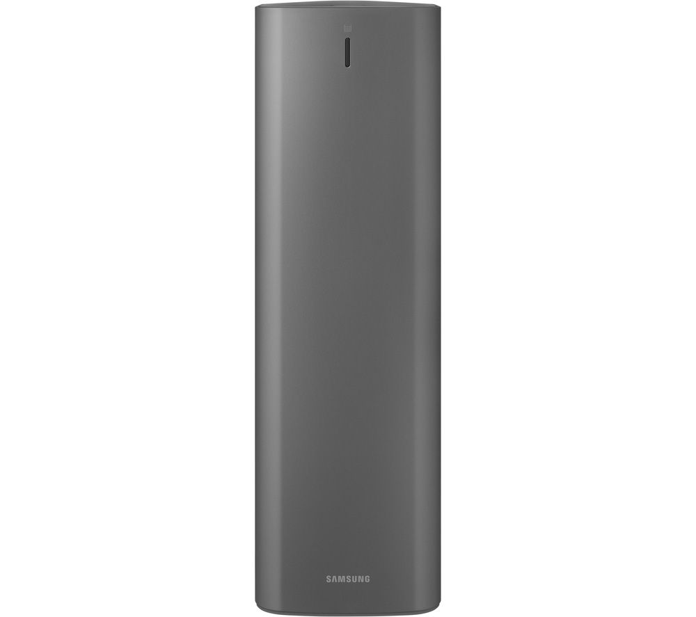 Sleek silver Samsung Clean Station with a minimalist design, featuring a smooth surface and a small indicator light at the top for easy operation.