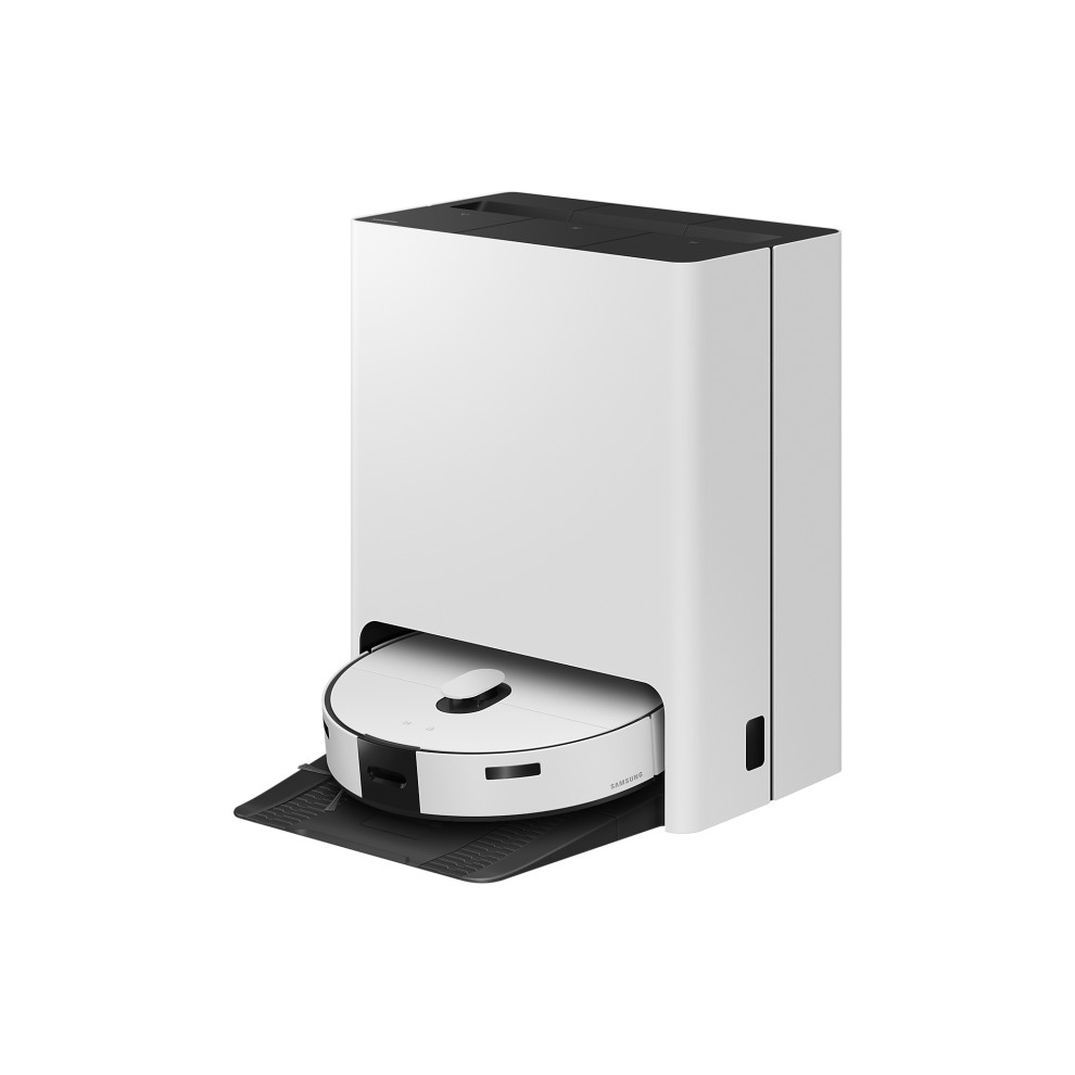 Samsung Bespoke Jet Bot™ Combo+ in sleek white finish, featuring a compact design with a circular vacuum cleaner emerging from a matching docking station for easy storage and charging.