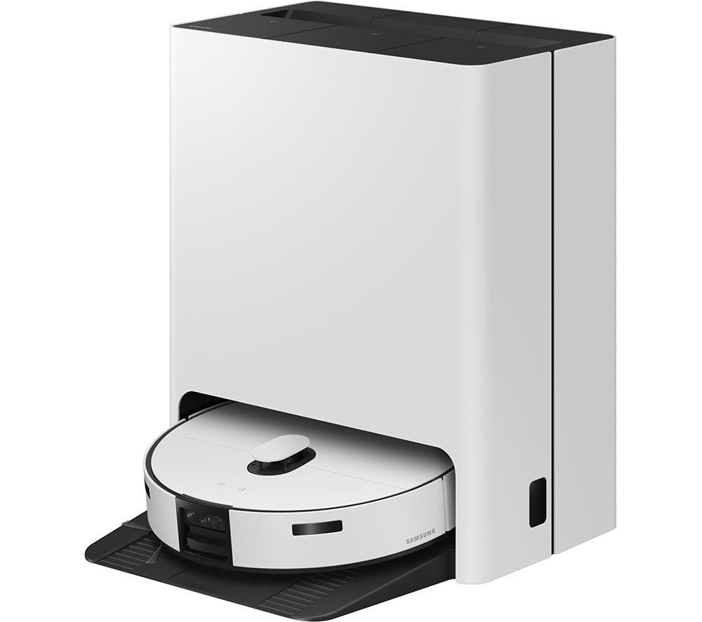 Satin grey Samsung Bespoke AI Jet Bot Combo Robot Vacuum Cleaner with a sleek design, featuring a round body and a docking station for automatic charging and storage.